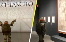 EpicMoment: Michelangelo, de las Tortugas Ninjas, visitó la exposición de su tocayo, en Nueva York